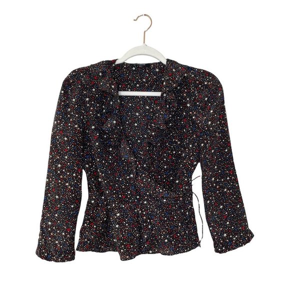 Madewell Silk Ruffle-Hem Wrap Top in Starry Night Black Red White Blue Size XXS - Picture 2 of 11